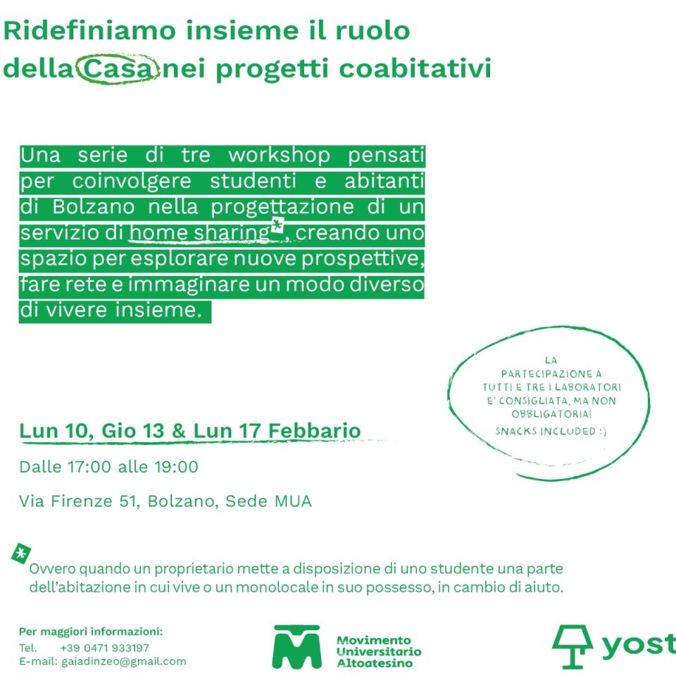 10, 13, 17 Feb. Workshop: Patti chiari, amicizia lunga – Collaborative living in Bolzano